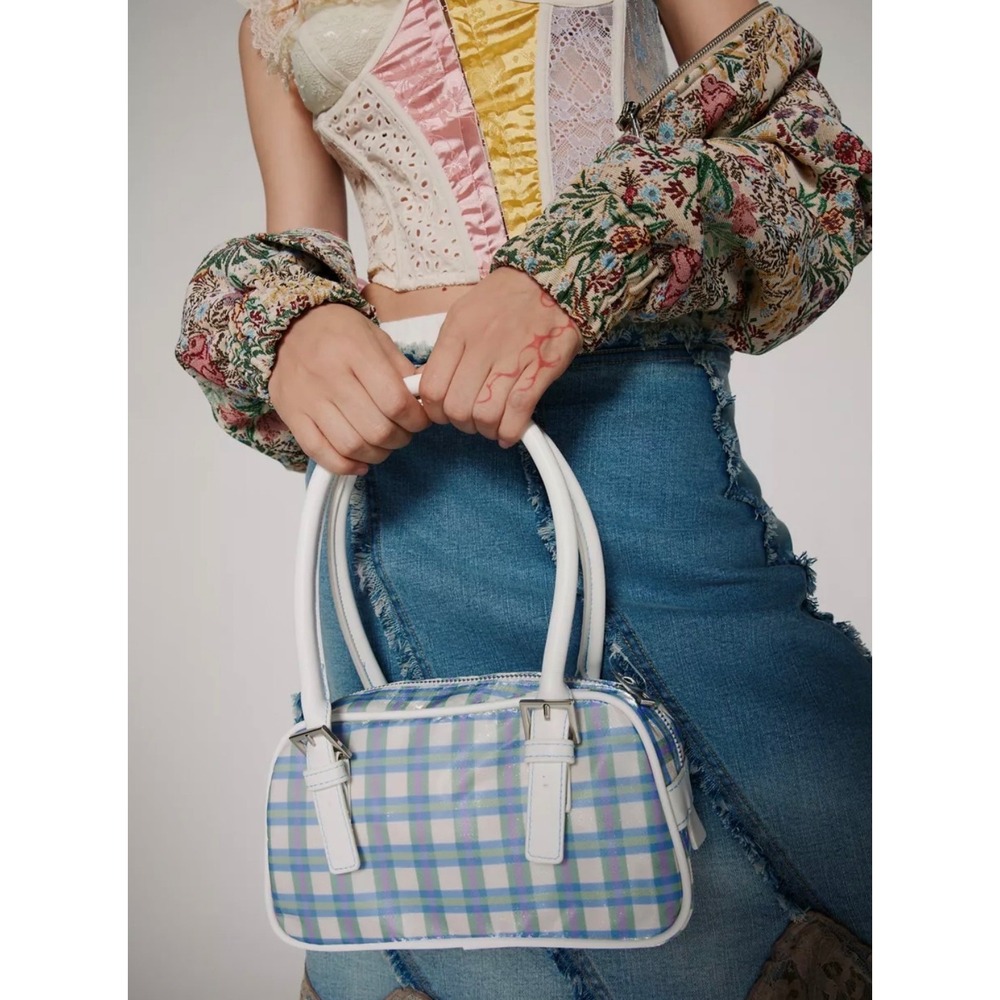 Kimchi Blue Bowling Bag Women Small Blue Plaid Good Y2K Buckle Satchel